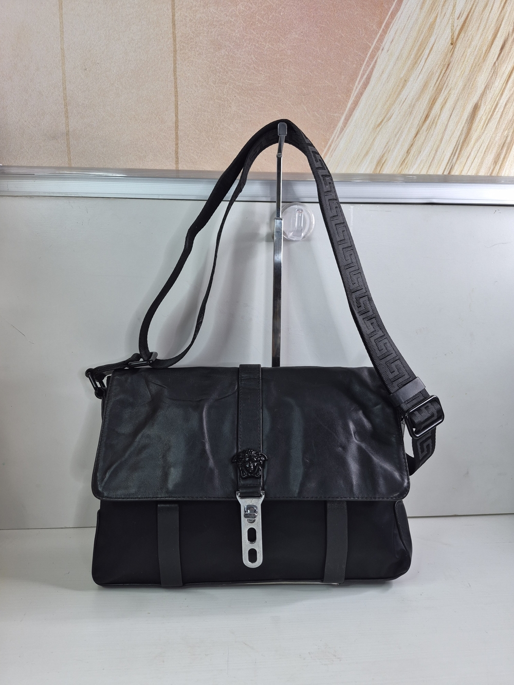 Versace Black Leather & Fabric Messenger Bag